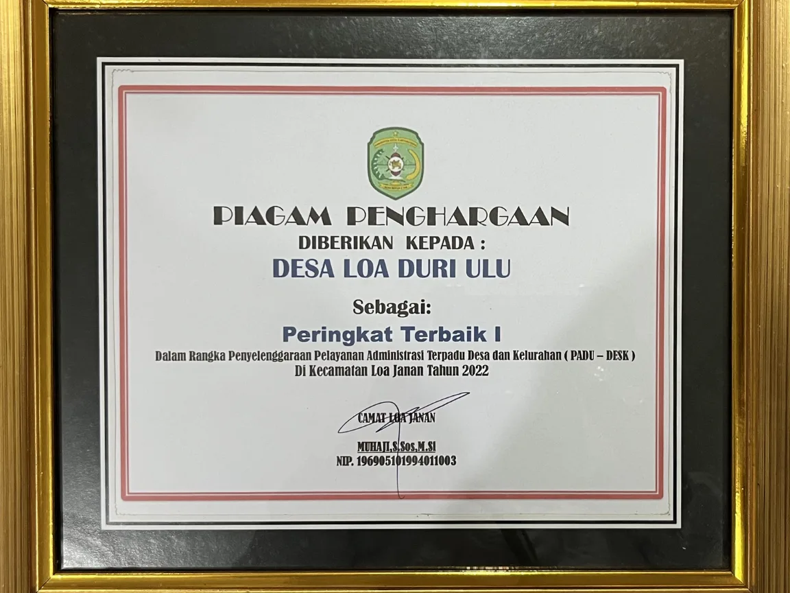 Desa Loa Duri Ulu Raih Peringkat Terbaik I Pelayanan Administrasi Terpadu Desa (PATU - DESK) 2022