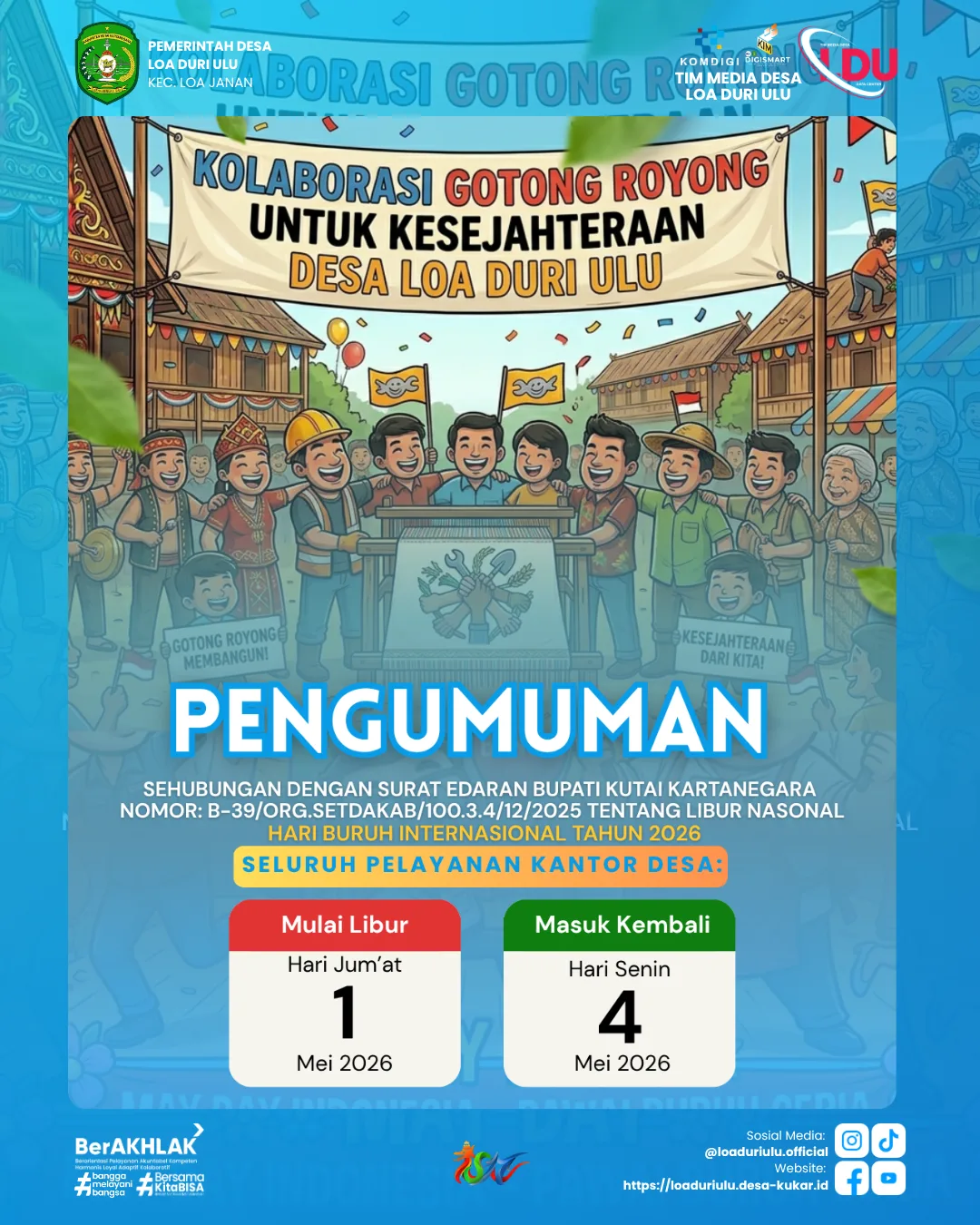 PEMBERITAHUAN LIBUR PELAYANAN MEMPERINGATI HARI BURUH📢