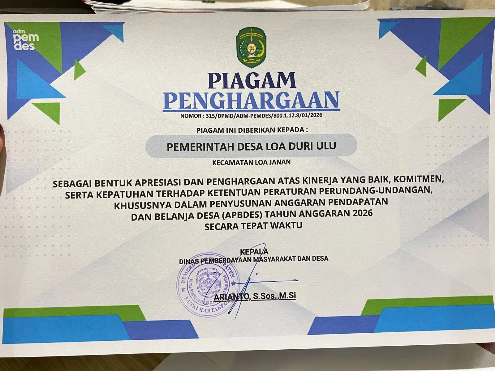 Komitmen Transparansi: Desa Loa Duri Ulu Raih Penghargaan Atas Ketepatan Waktu Penyusunan APBDes TA 2026