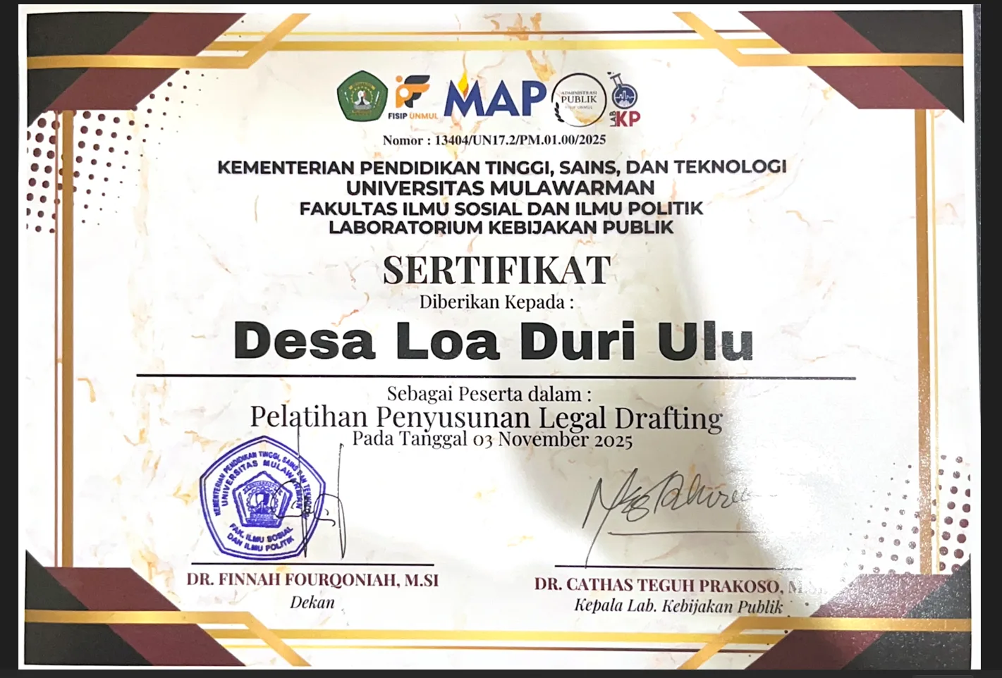 Tingkatkan Kompetensi Aparatur, Desa Loa Duri Ulu Ikuti Pelatihan Legal Drafting di FISIP UNMUL