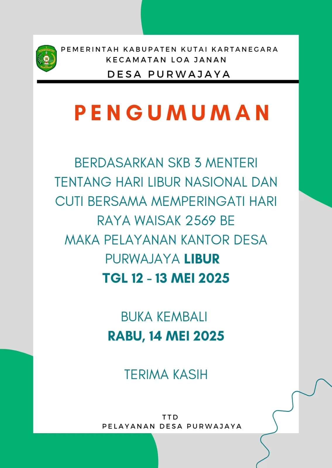 Pengumuman Penutupan Pelayanan Kantor Desa Purwajaya Dalam Rangka Hari Raya Waisak 2569 BE